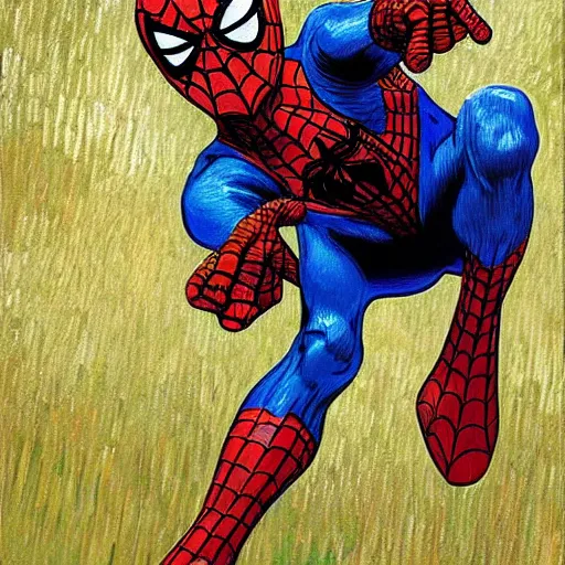 Prompt: a van gogh style painting of spiderman, 4 k, award winning, highly intricate