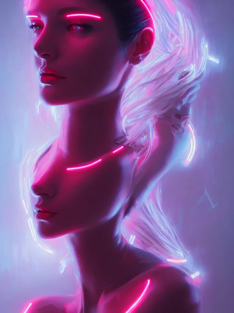 Image similar to portrait of female humanoid from 6 0 s era, intricate, elegant, cyber neon lights, highly detailed, digital painting, artstation, glamor pose, concept art, smooth, sharp focus, illustration, art by artgerm and greg rutkowski