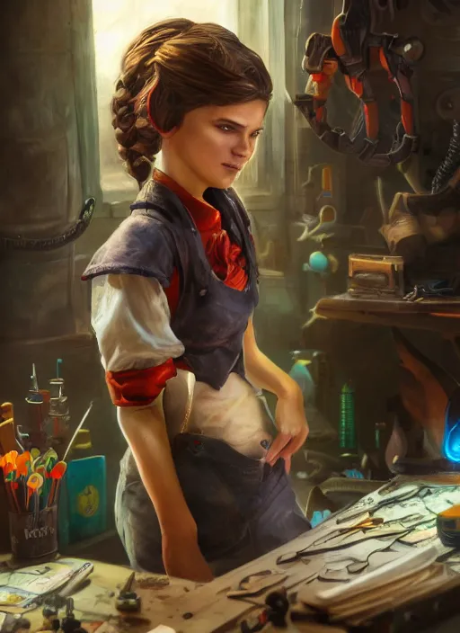 Image similar to An epic fantasy comic book style portrait painting of a young tinker girl working on a device in her workshop, unreal 5, DAZ, hyperrealistic, octane render, cosplay, RPG portrait, dynamic lighting