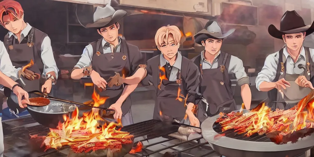 Prompt: BTS dressed as cowboys while cooking BBQ in Texas, Anime art style, action packed scene, CGI render