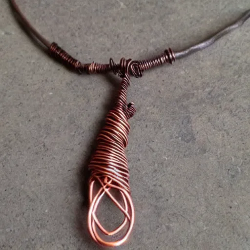 Image similar to beautiful but simple amulet made from sandstone and dirtstone, bound together by copper wire