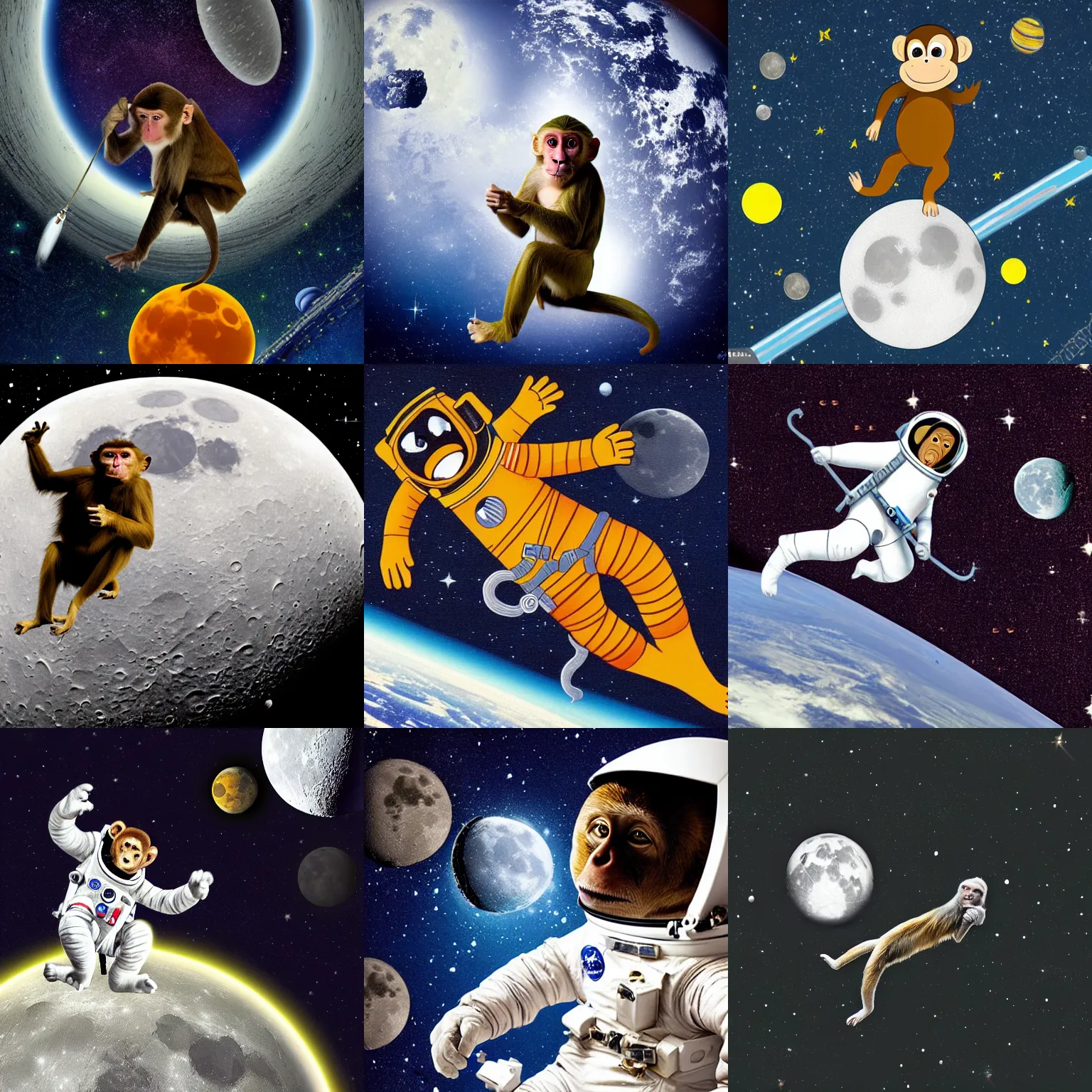 Prompt: monkey on a space walk touching the moon