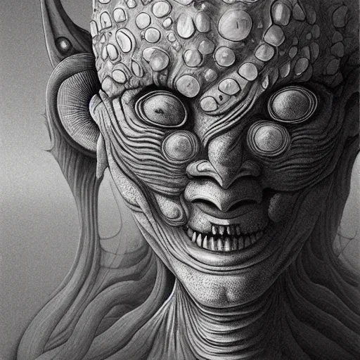 Image similar to naraka buddhist demon korean female, happy alien, high tech armor, tubular creature, blood vessels, no face, dystopian surrealism, alex ries zdzisław beksinski, symmetrical long head, smooth marble surfaces, smooth marble surfaces, detailed ink illustration, detailed ink illustration, raiden metal gear, cinematic smooth stone, deep aesthetic