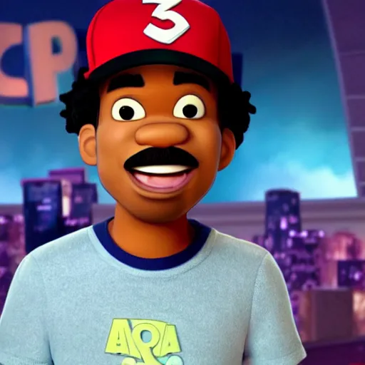 Image similar to a tv still of Chance The Rapper starring in a 2006 Pixar Animated movie