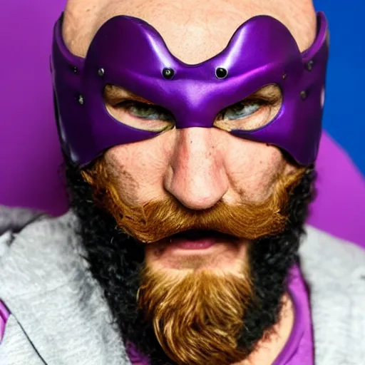 Prompt: a red bearded man wearing a purple luchadore half-mask, a big rubber B attached to the top of the mask
