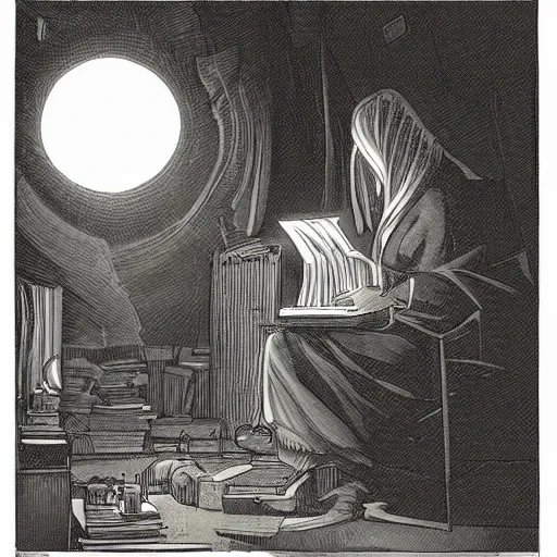 Image similar to a professor looking at stuff, higly detailed, dimm light, night, award - winning illustration, mystic