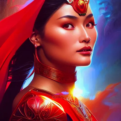 Image similar to heart evangelista as darna, volumetric lights, red and cyan theme, art nouveau botanicals, intricate, highly detailed, digital painting, artstation, concept art, smooth, sharp focus, cinematic, illustration, beautiful face, art by artgerm and greg rutkowski and alphonse mucha