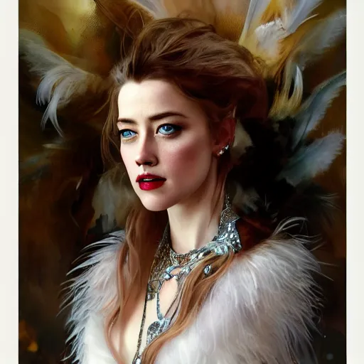 Prompt: hyperrealistic portrait of a woman as amber heard as the winter witch wearing white swan dress long feathers and sapphire jewellery by jeremy mann and alphonse mucha, fantasy art, photo realistic, dynamic lighting, artstation, poster, volumetric lighting, very detailed faces, 4 k, award winning