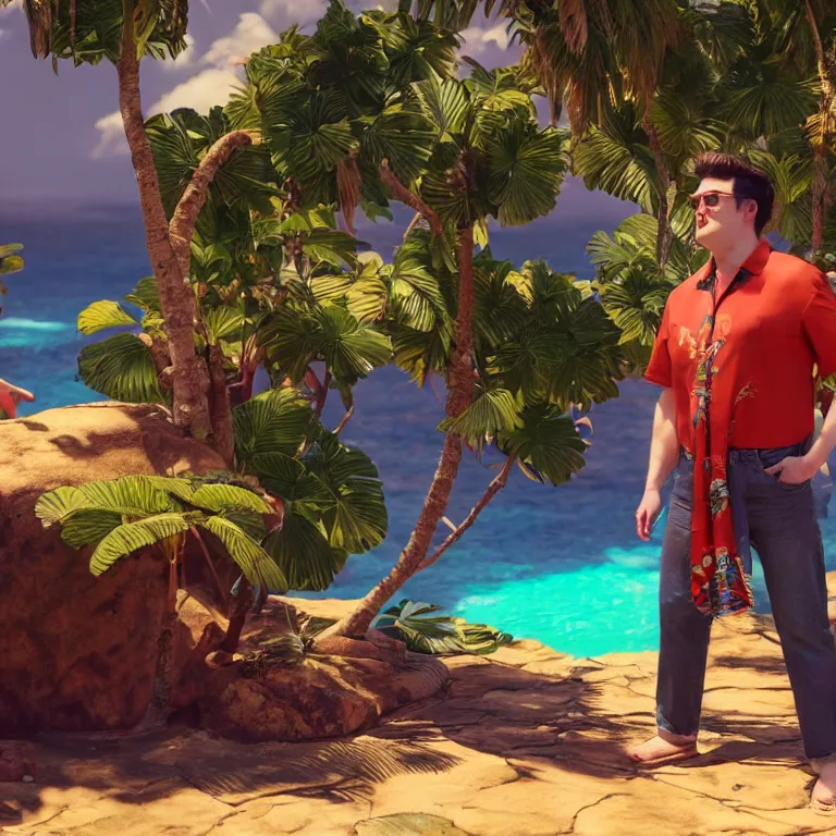 Prompt: a cinematic shot of palmer luckey, aloha shirt, colorful, octane render, volumetric lighting, nvidia raytracing demo, by Andy Thomas, Mario Martinez, Daniel Mirante, Gustave Dore, Artstation, CGsociety, masterpiece