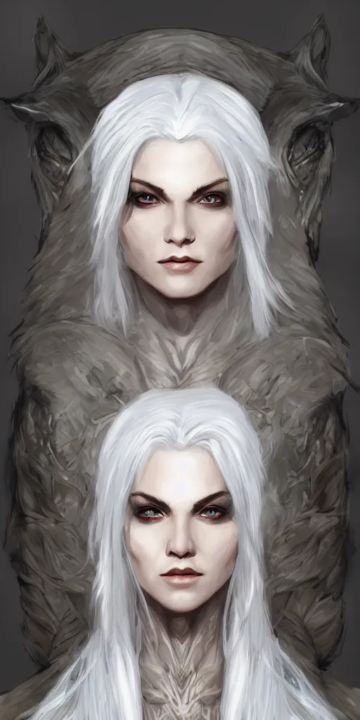 Image similar to white haired elven woman, wearing a wolf pelt, upper half portrait, centered, muscular, dnd, intricate, highly detailed, sharp, digital painting, artstation, cell shading