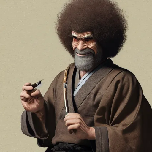 Prompt: an ultra detailed matte painting of bob ross smoking a pipe and dressed as a wandering ronin samurai, edo japan, concept art by jeong seon and greg rutkowski, octane render, 8 k, detailed face