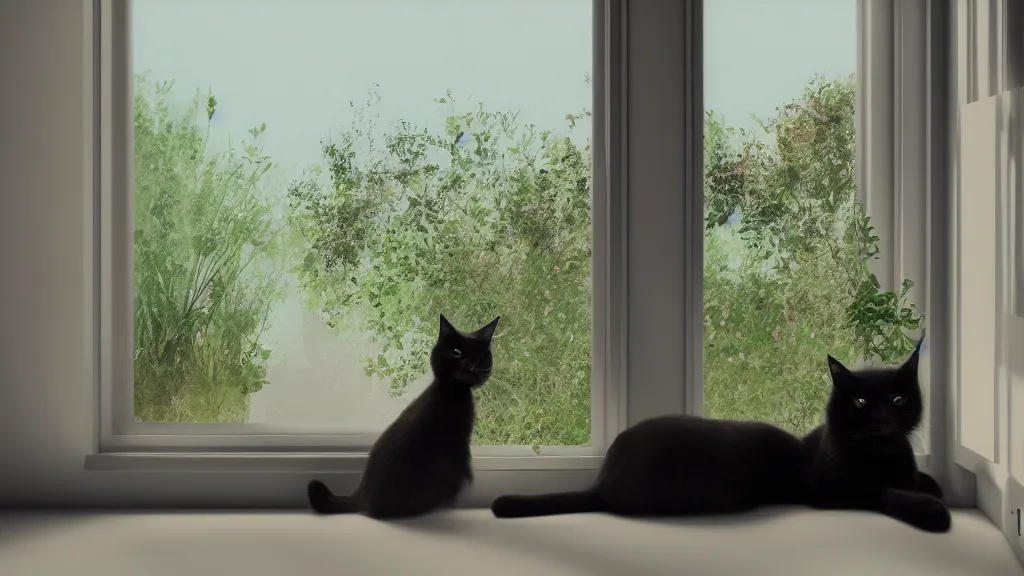 Prompt: peaceful dreamy painting of a content black cat sitting by a window and looking outside, sunshine coming through the window, small plants on the window sill, 8k, hyper realism, trending on artstation, octane render, unreal 5