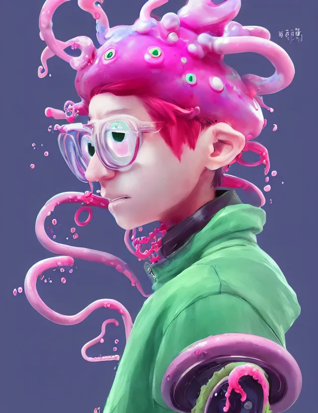 Prompt: a beautiful portrait of a cute splatoon anime male with pink tentacle hair wearing a green hoodie. character design by cory loftis, fenghua zhong, ryohei hase, ismail inceoglu and ruan jia. artstation, volumetric light, detailed, photorealistic, fantasy, rendered in octane