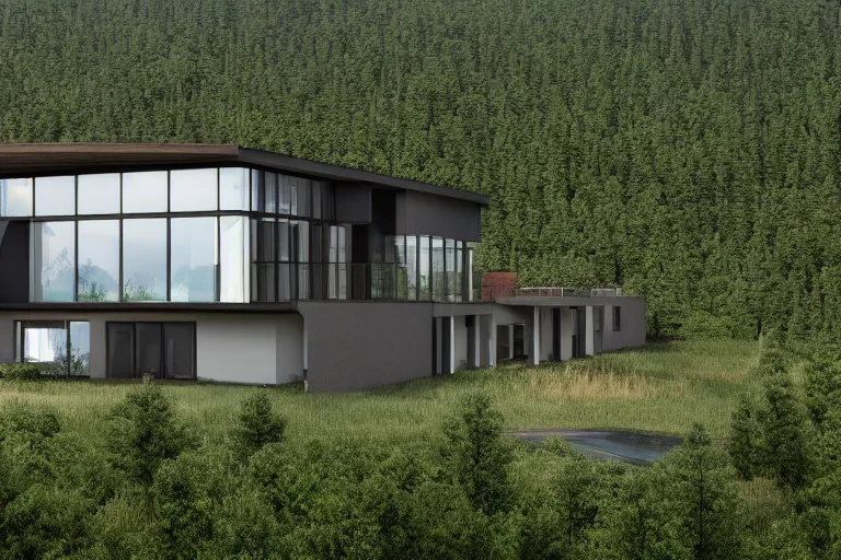 Prompt: modern modern fachwerk house with in the forest on the foot of Elbrus mountain, architecture, 3d render 8k , high details