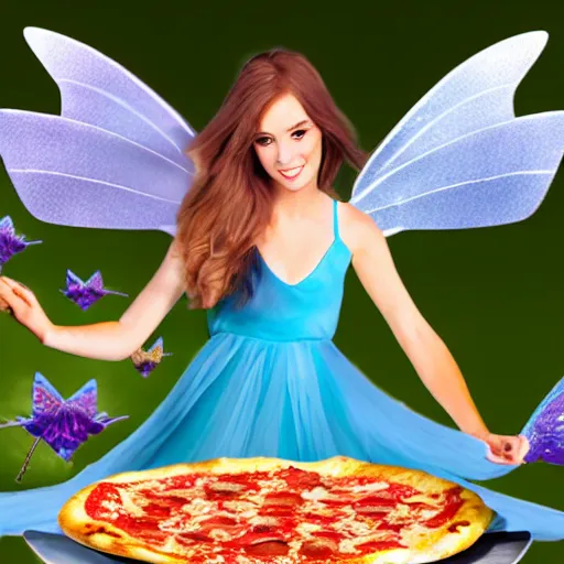 Prompt: fairy with pizza for wings,