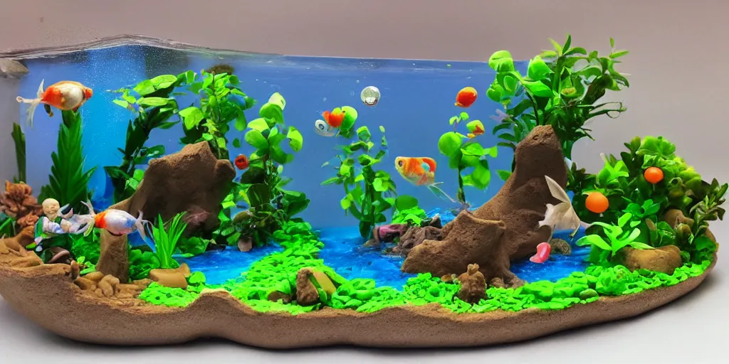 Image similar to plasticine model in water. siamese fighting fish. clay figure. tropical fish tank with sand. astrix and obelisk. tintin. hands. wallace and gromit. figures clay. aquatic photography.