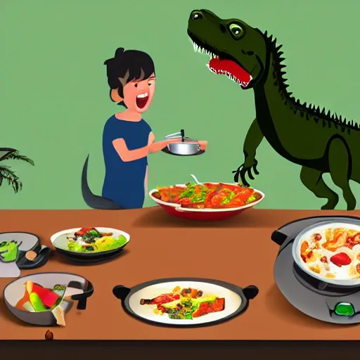 Prompt: a trex cooking dinner, illustration