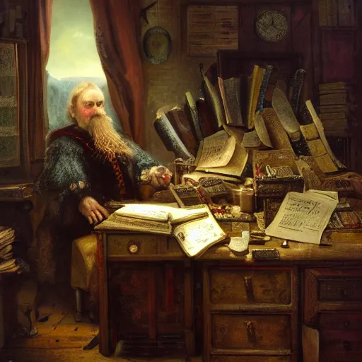 Prompt: william osman as a mad alchemist and professor inventing complex and arcane high level math in his office crowded with paper and tinkets looking over his pile of math paper he has wild hair and goggles, hyper detailed, surrealism, hyper realistic, extremely complex, hyper realistic, intricate classic art, insanely intricate, trending on art station, great works of the masters, art by rembrandt
