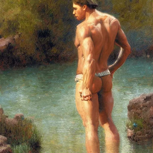 Image similar to muscular young man by the river, painting by Gaston Bussiere, Craig Mullins