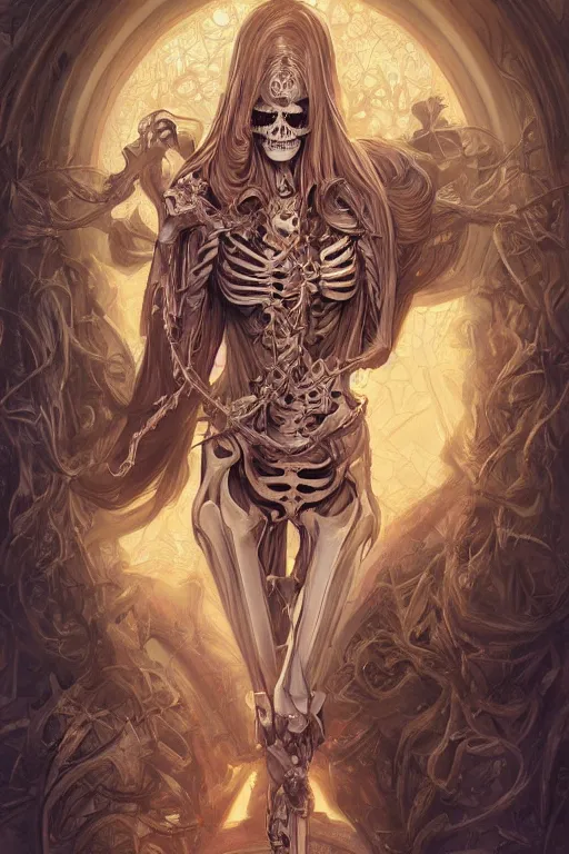 Image similar to skeleton as a heroine, intricate, elegant, highly detailed, centered, digital painting, artstation, concept art, smooth, sharp focus, illustration, art by artgerm and donato giancola and Joseph Christian Leyendecker, Ross Tran, WLOP