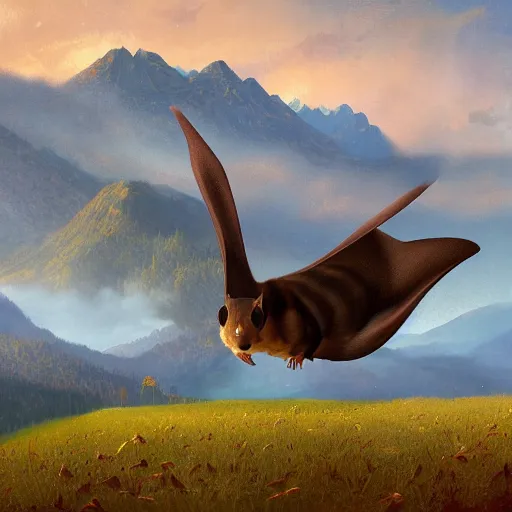 Prompt: a large aggressive flying squirrel, fields trees and mountains in background, early morning light, painted by greg rutkowski