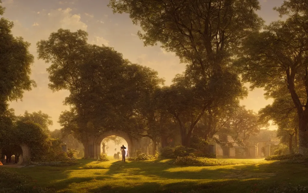 Prompt: a small country house, a small country house, an elderly couple under an avenue of roses, sunset, highly detailed, cinematic lighting, perfect composition, 4 k, gustave dore, derek zabrocki, greg rutkowski, belsinski, octane render