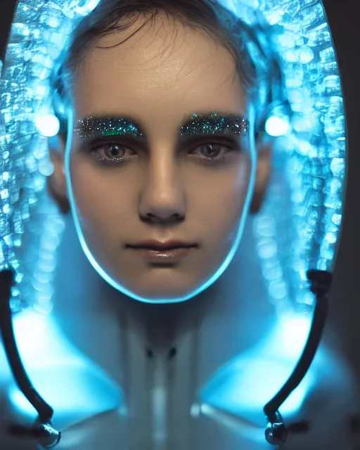 Image similar to soft focus close up portrait of an android with soft synthetic skin, bioluminescent plastics, smooth shiny metal plates, piercings, by annie liebovotz,