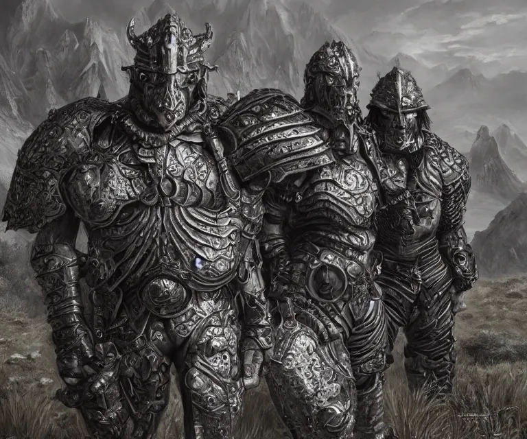 Prompt: trailcam footage grotesque horrific stylistic vray 3 d render of silver ornate armor slim bodybuilder handsome warriors, mountains and giant gothic abbeys, hyperrealism, fine detail, 8 k, artsation contest winner, cgsociety, fantasy art, cryengine, brush strokes, oil canvas by mandy jurgens and michael whelan