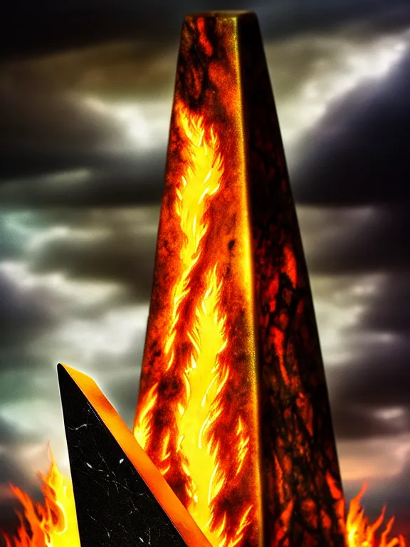 Image similar to savage electric flames engulfing an obsidian obelisk, rococo, smoky, beautiful, mythical, mystical, highly detailed, hyperrealistic, energy, low light, high contrast, lifelike, bright sky