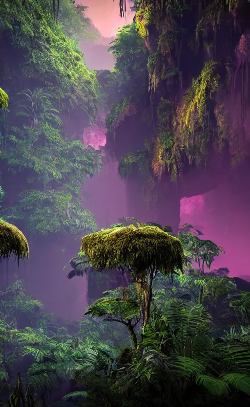 Prompt: a beautiful render of a dark prehistoric rainforest in a humongous cave, lush flora, patches of magenta sky,, sunset, floating mountains and a waterfall in the background, intricate detail, hazy, humid, volumetric lighting, 8 k, photorealistic, raytracing effects, unreal engine 5