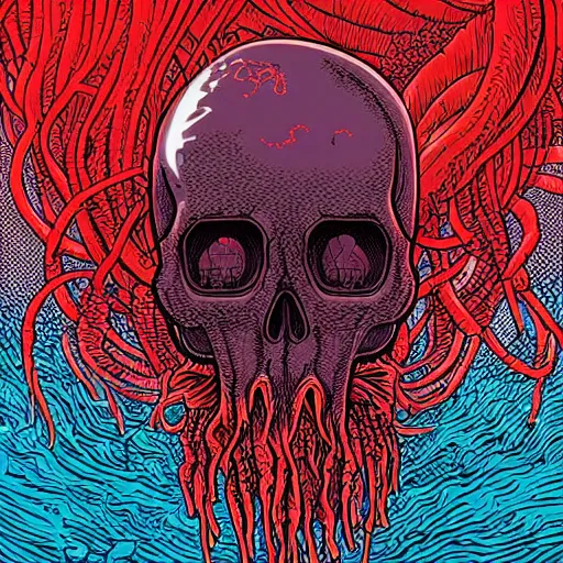 Prompt: a red human skull in the ocean embraced jellyfish tendrils by josan gonzalez and dan mumford