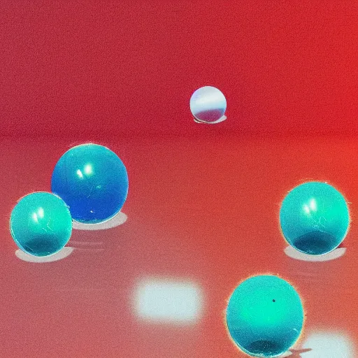 Prompt: glass spheres on a red cube, dispersion