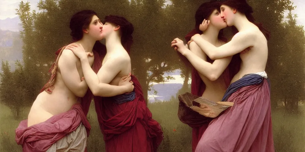 Prompt: The kiss, painted by William-Adolphe Bouguereau