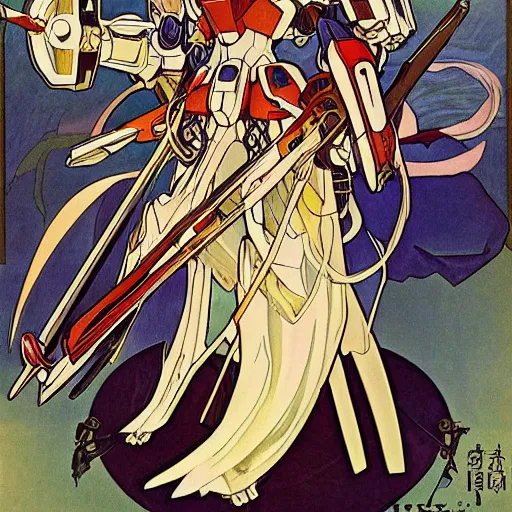 Image similar to anime manga mecha gundam robot portrait by Alphonse Mucha art nuevou