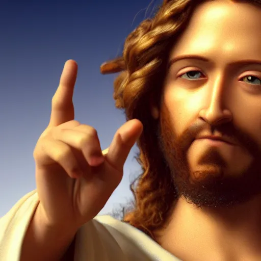 Image similar to uhd real 8 k photo of jesus flipping people off, digital art, portrait, portrait concept art, special effects, finely detailed, studio lighting, correct details, correct face, real jesus