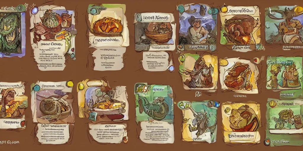 Image similar to card design concept art for a fantasy game about chefs and food and monsters, symmetrical, magic, by settlers of catan and cosmic encounters and fantasy fights