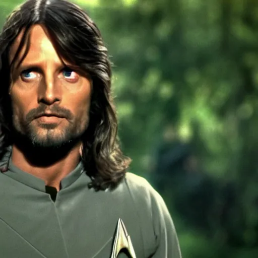 Image similar to A still of Aragorn as Scotty on Star Trek: The Original Series, red shirt, sharp focus, high quality, 4k