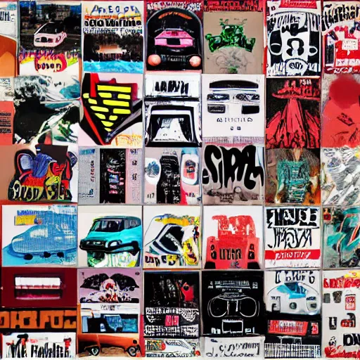 Prompt: !!!!!! sportscar!!!!!! made out of ( ( ( ( punk album art sleeves ) ) ) ), 3 5 mm film