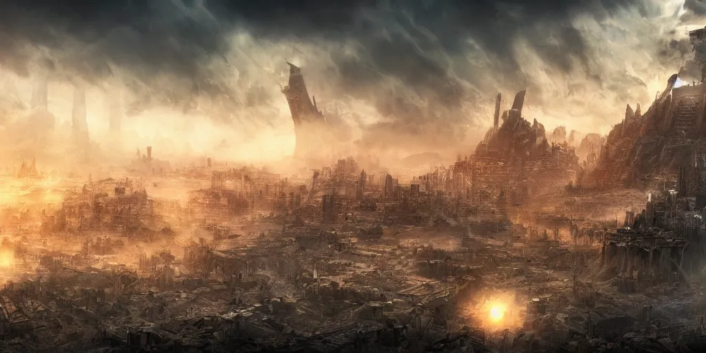 Image similar to the last city on earth, fantasy apocalypse, dystopian, digital art, 4 k