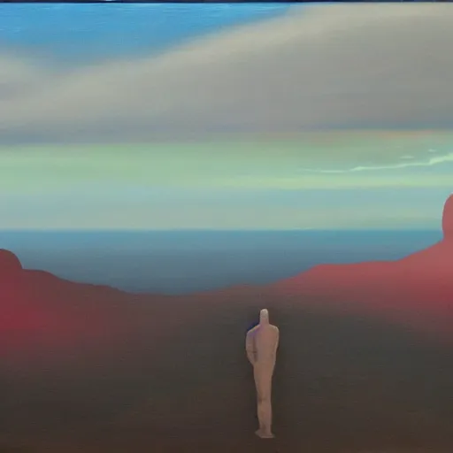 Prompt: amazing vast scenery, human figure in the distance for scale, surrealist landscape painting - n 4