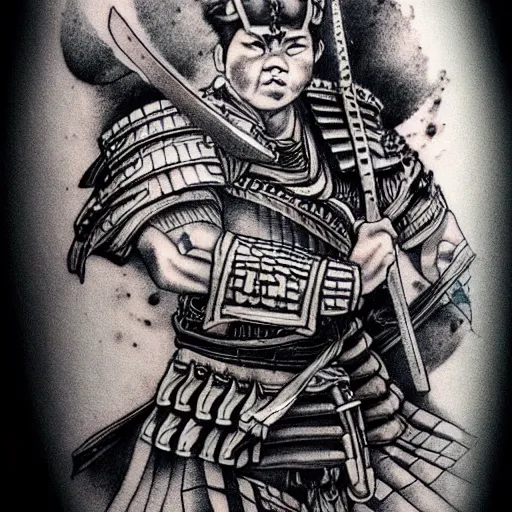 Image similar to A hyper-realistic tattoo design of a samurai warrior carrying a sword and a shield and wearing realistic samurai armor, faded background of a Japanese landscape, black and white