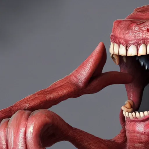 Image similar to logo of a monster with a very toothy smile, 8 k, shallow depth of field, greg rutkowski, moody lighting, ultra high detail, concept art,