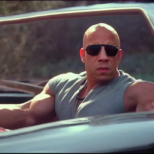 Image similar to vin diesel riding a toy car, action movie, movie scene, hd, 8 k, cinematic, car chase