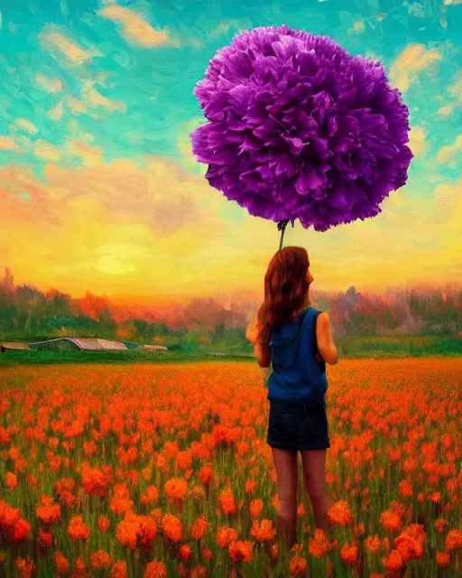 Image similar to girl with a giant carnation as face, surreal photography, flower field, sunset dramatic light, impressionist painting, colorful clouds, blue sky, digital painting, artstation, simon stalenhag