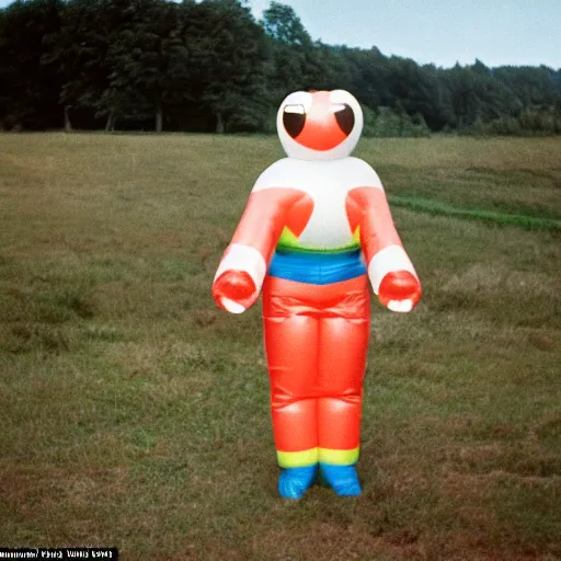 Image similar to middle-aged woman dressed as an inflatable toy, in the countryside 1979 arthouse film, archival footage, technicolor film expired film