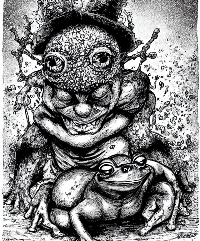 Image similar to frog boy farmer finds the clown crown in the dirt, clown crown, moment of destiny, artwork by Kentaro Miura