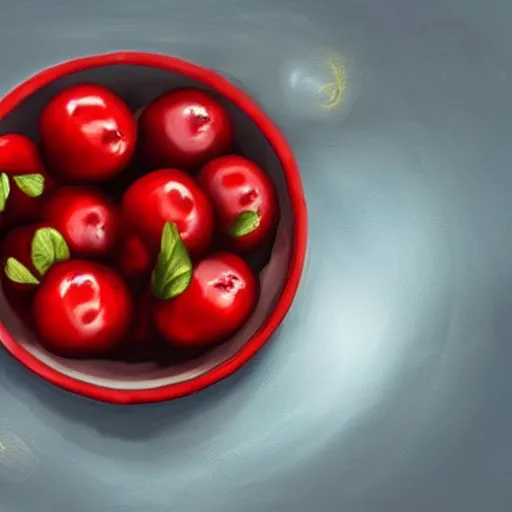 Prompt: artstation digital art a few Maraschino cherries in the bowl on the table,