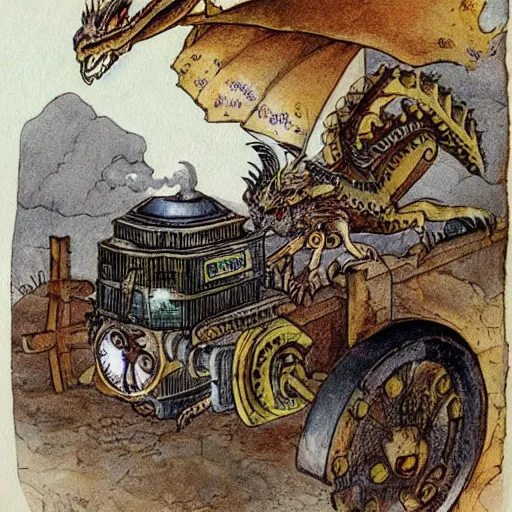 Prompt: a dragon with steam punk machine on it's side, book illustration, beatrix potter