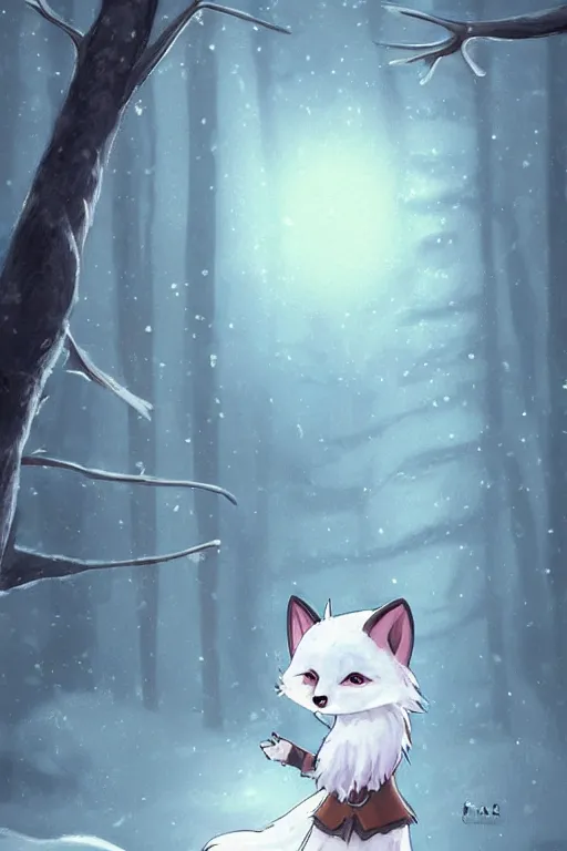 Image similar to a pretty medieval anthropomorphic snow fox with a fluffy tail in the forest, comic art, trending on furaffinity, cartoon, kawaii, backlighting, furry art!!!, radiant light, bokeh, trending on artstation, digital art