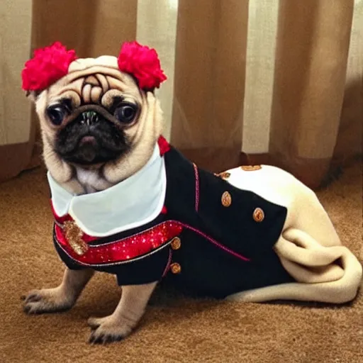 Image similar to pug dressed like dolly parton playing guitar